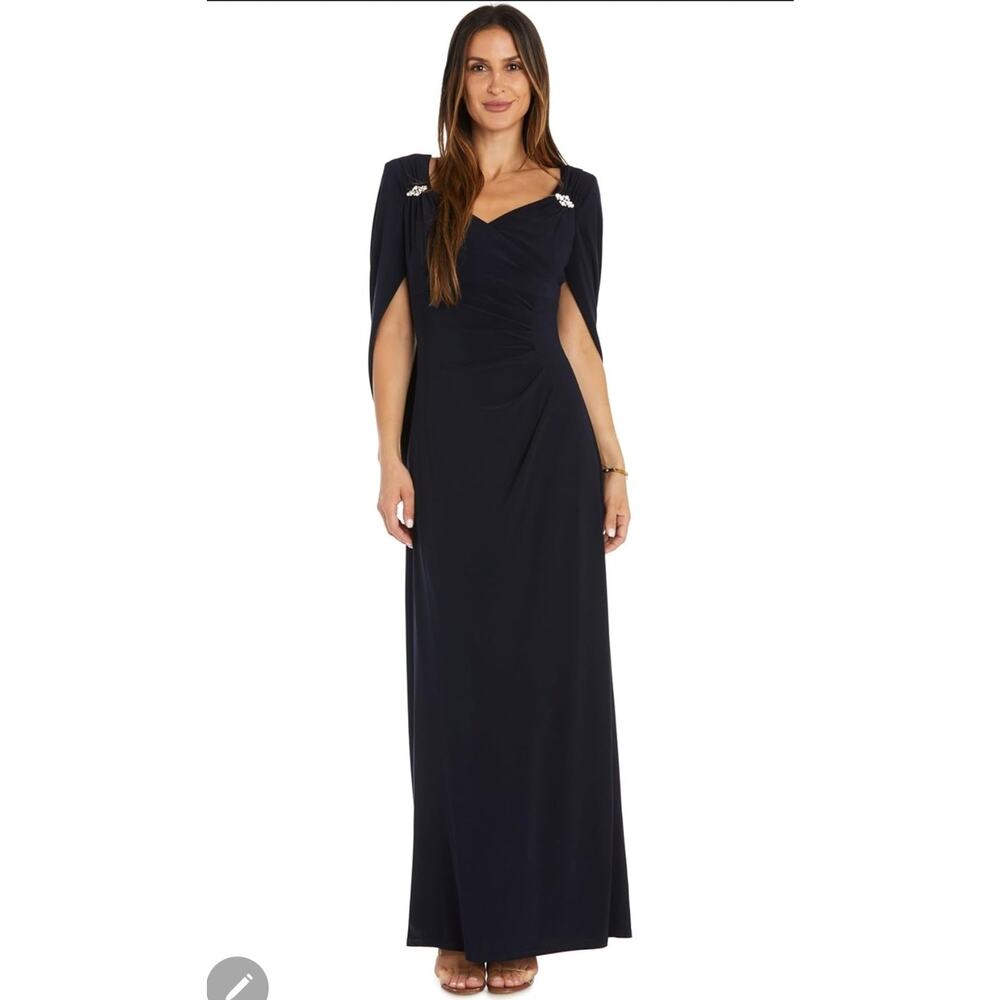 R&M‎ Richards Navy Blue Cape Back Ruched Maxi Evening Gown Dress 6 Rhinestones